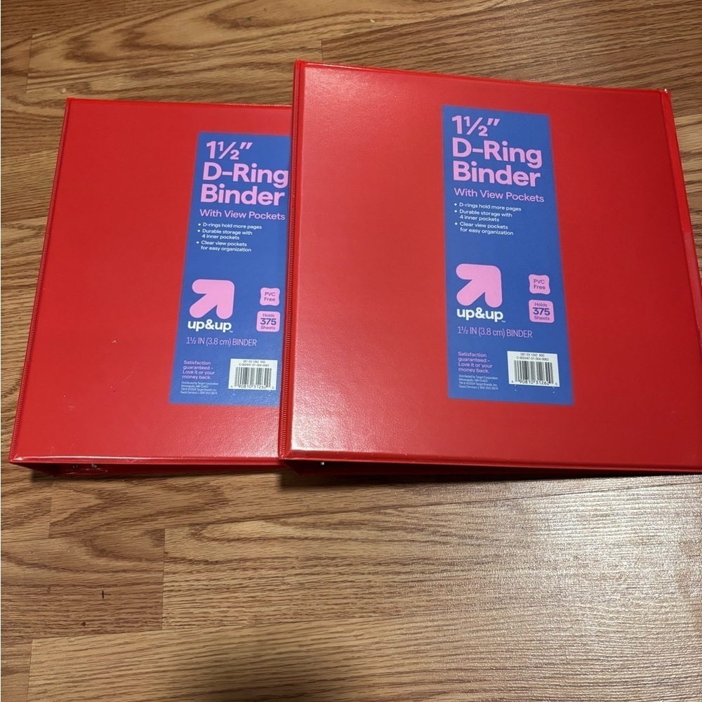 NWT set of two 1 1/2 inch Red D-Ring Binder with View Pockets- holds 375 sheets